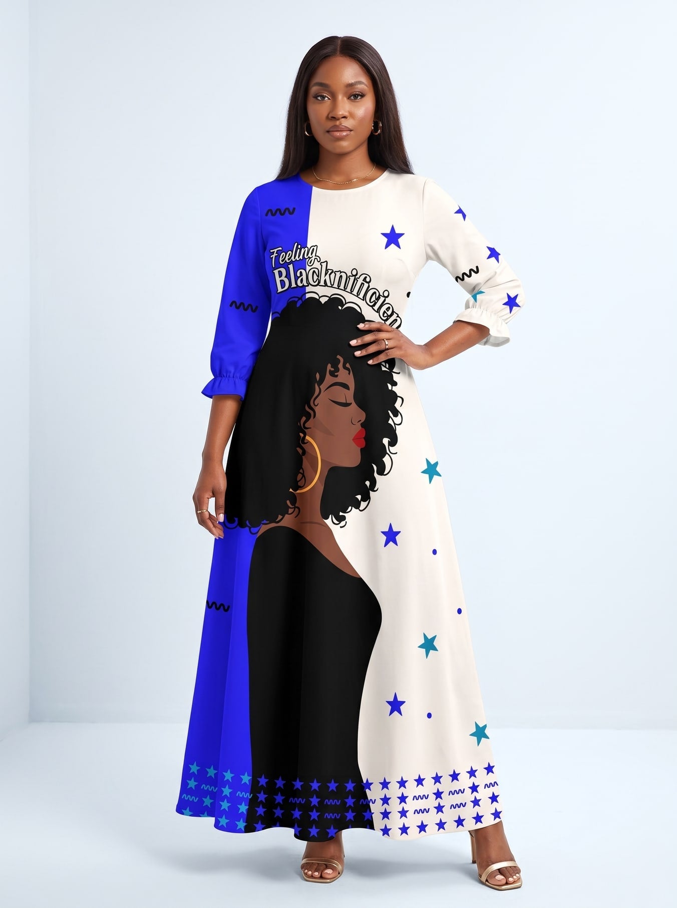 "Feeling Blacknificient Blue" Long Sleeve Maxi Dress