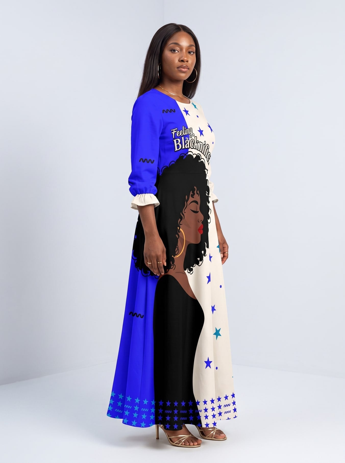 "Feeling Blacknificient Blue" Long Sleeve Maxi Dress