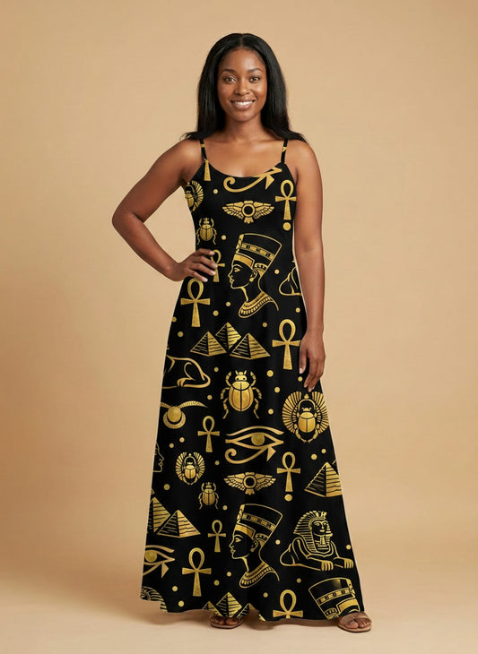 "Nefertiti" Black Gold Maxi Dress